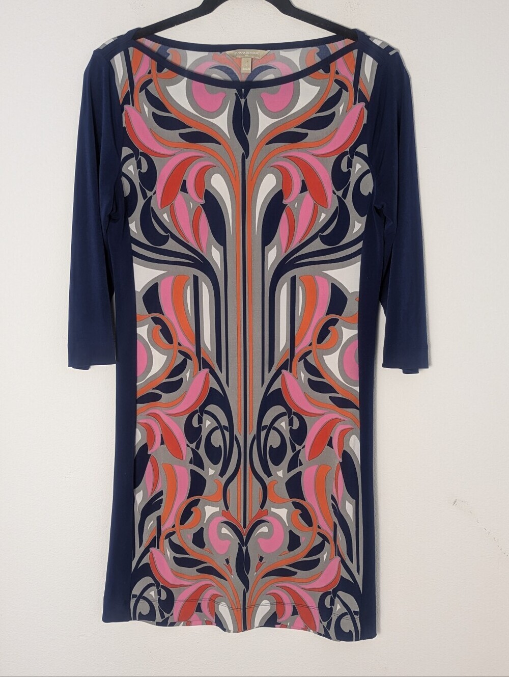 BANANA REPUBLIC Dress Psychedelic Shift Boat Neck 3/4 Sleeve Art Nouveau Sz S